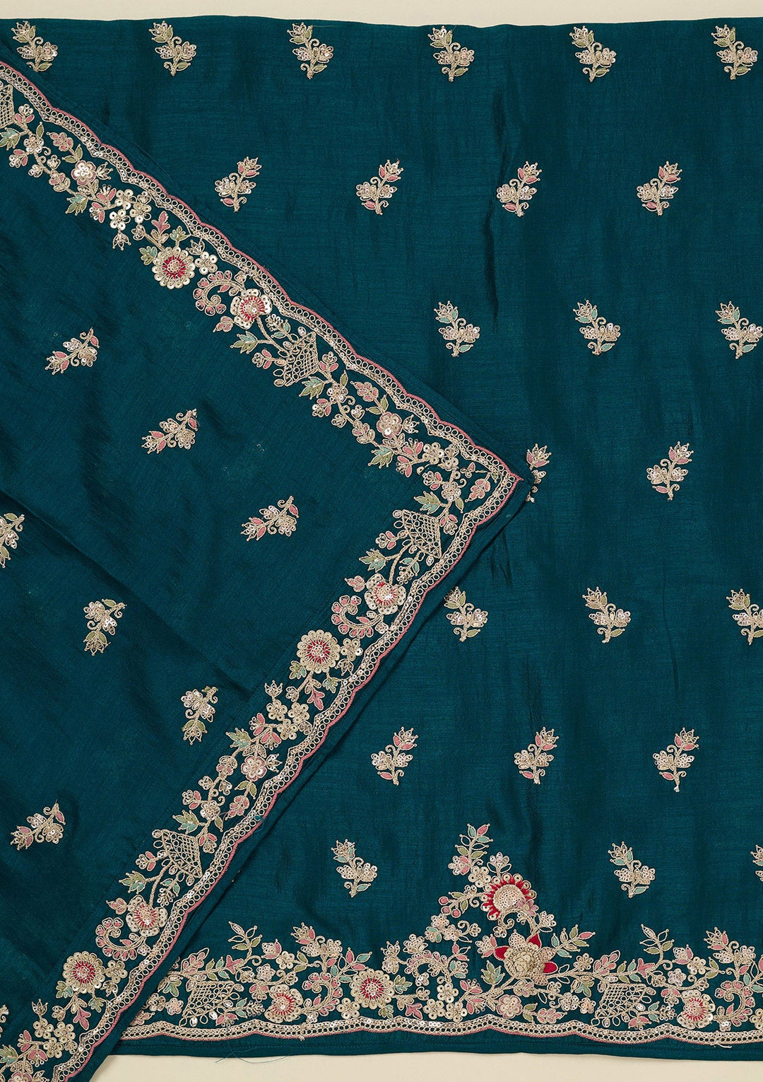 Peacock Blue Zariwork (Gold) Soft Raw Silk Unstitched Salwar Suit_koskii