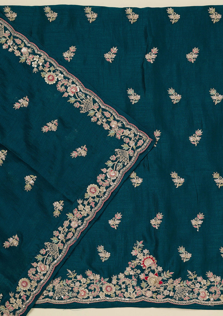 Peacock Blue Zariwork (Gold) Soft Raw Silk Unstitched Salwar Suit_koskii