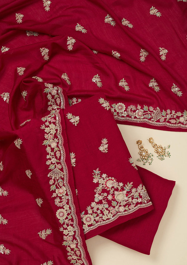 Rani Pink Zariwork (Gold) Soft Raw Silk Unstitched Salwar Suit_koskii