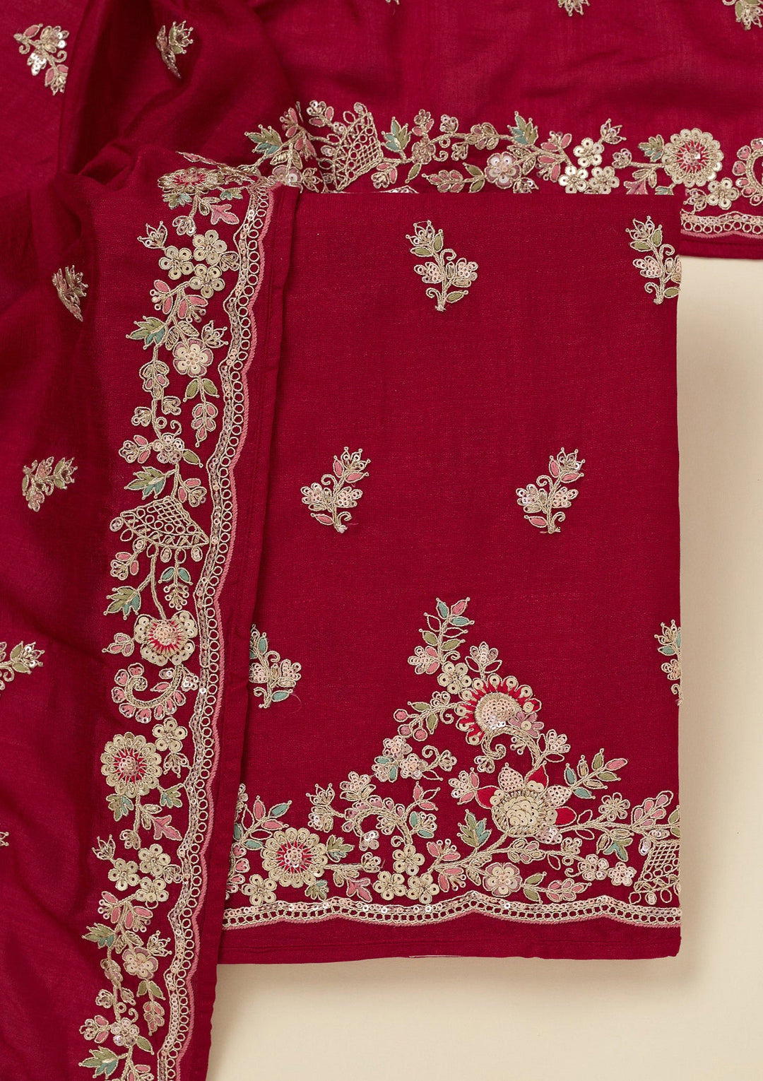 Rani Pink Zariwork (Gold) Soft Raw Silk Unstitched Salwar Suit_koskii