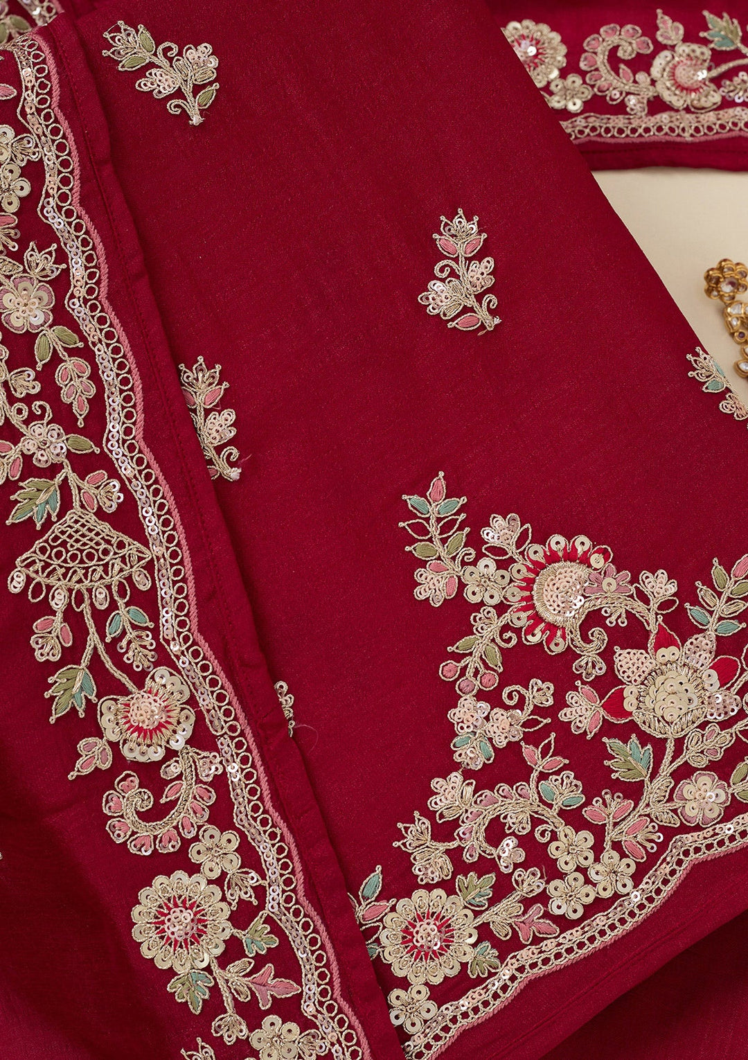 Rani Pink Zariwork (Gold) Soft Raw Silk Unstitched Salwar Suit_koskii