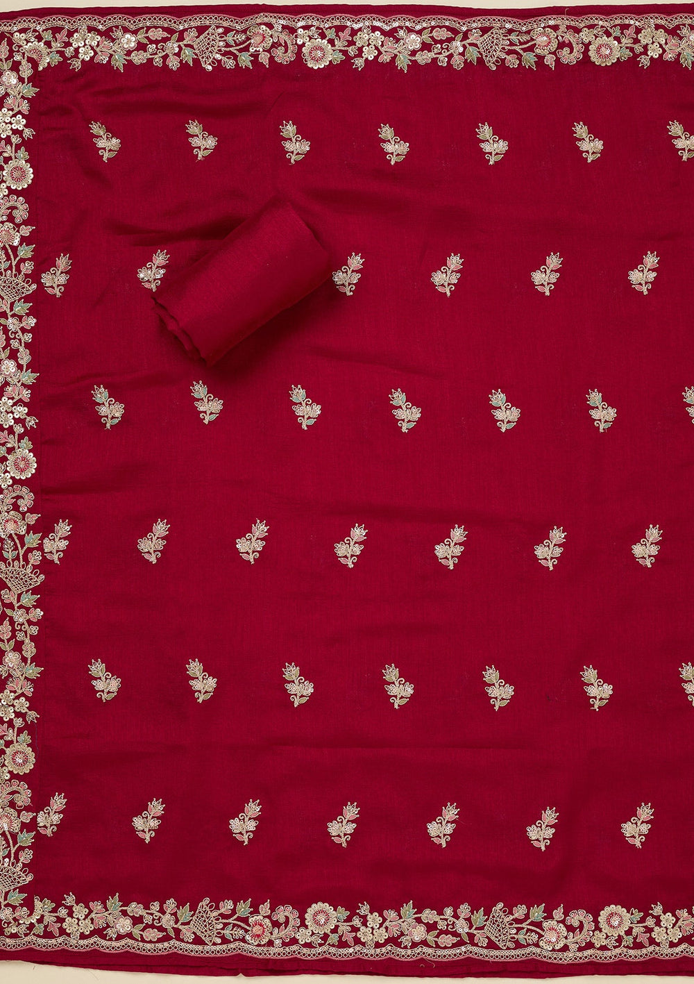 Rani Pink Zariwork (Gold) Soft Raw Silk Unstitched Salwar Suit_koskii