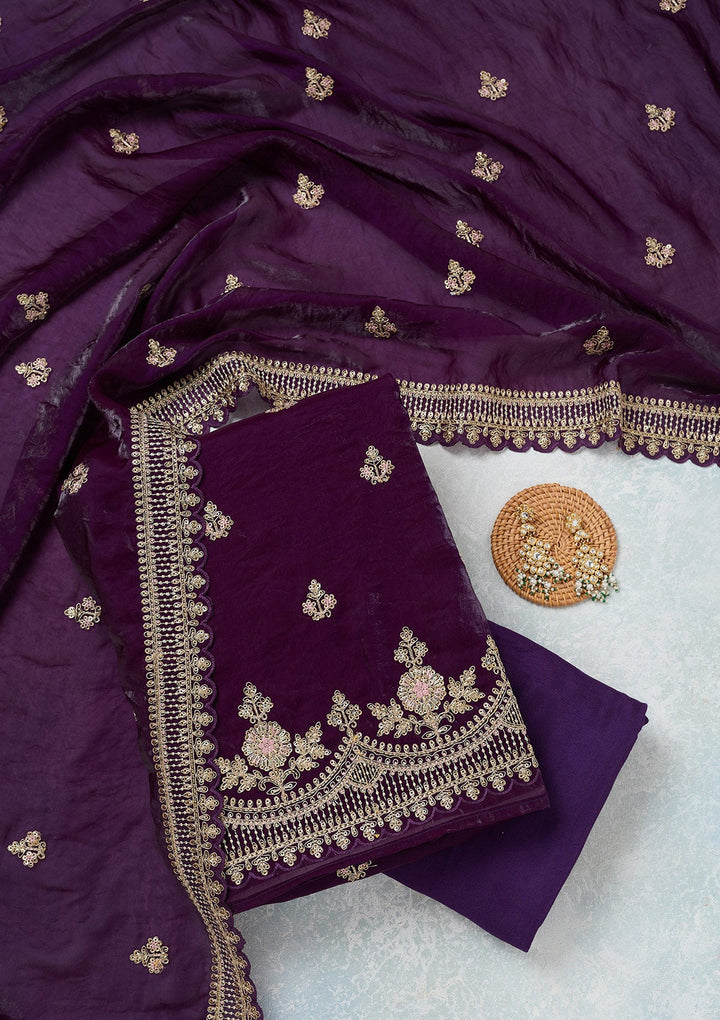 Purple Zariwork (Gold) Soft Raw Silk Unstitched Salwar Suit-Koskii