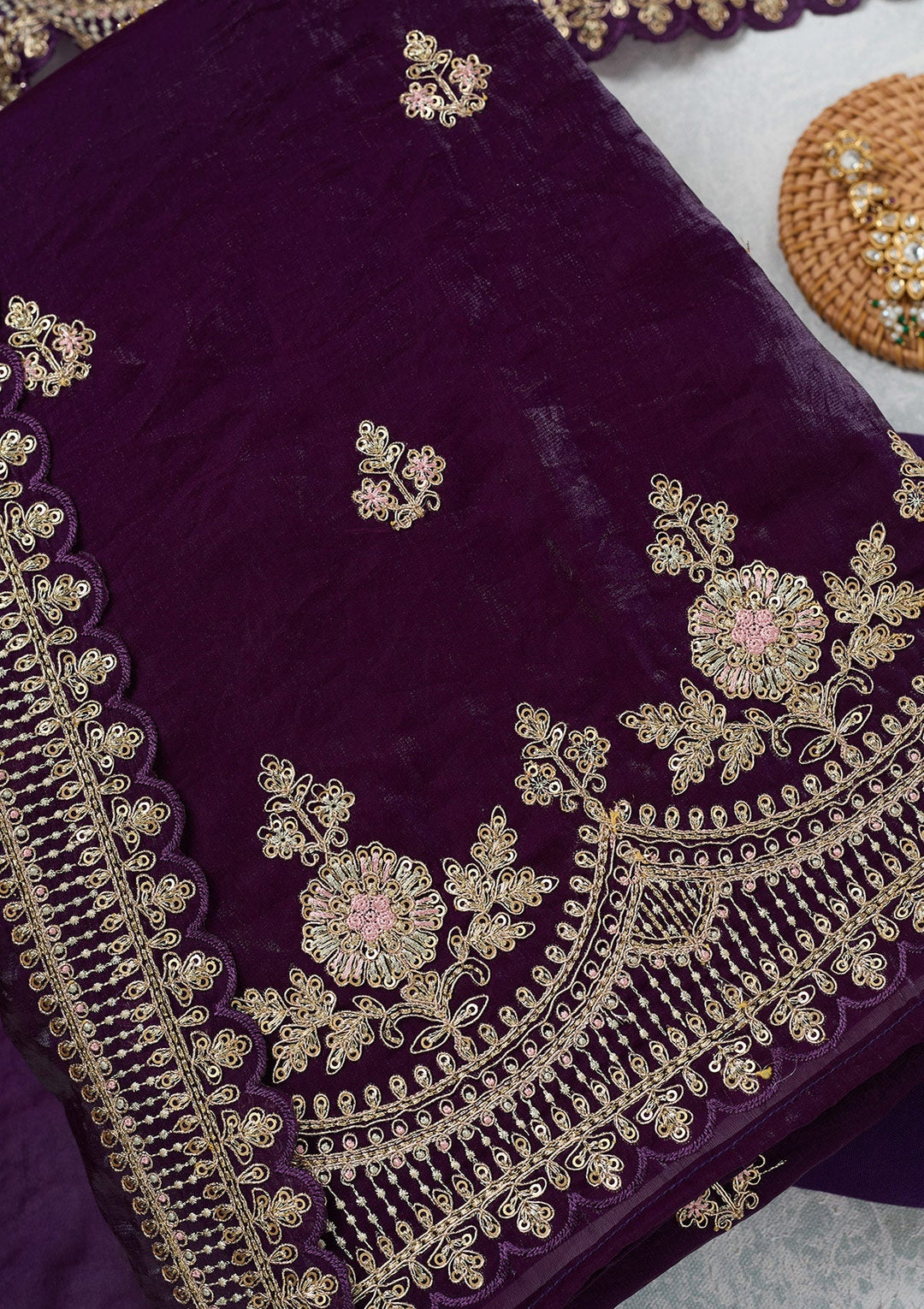 Purple Zariwork (Gold) Soft Raw Silk Unstitched Salwar Suit-Koskii