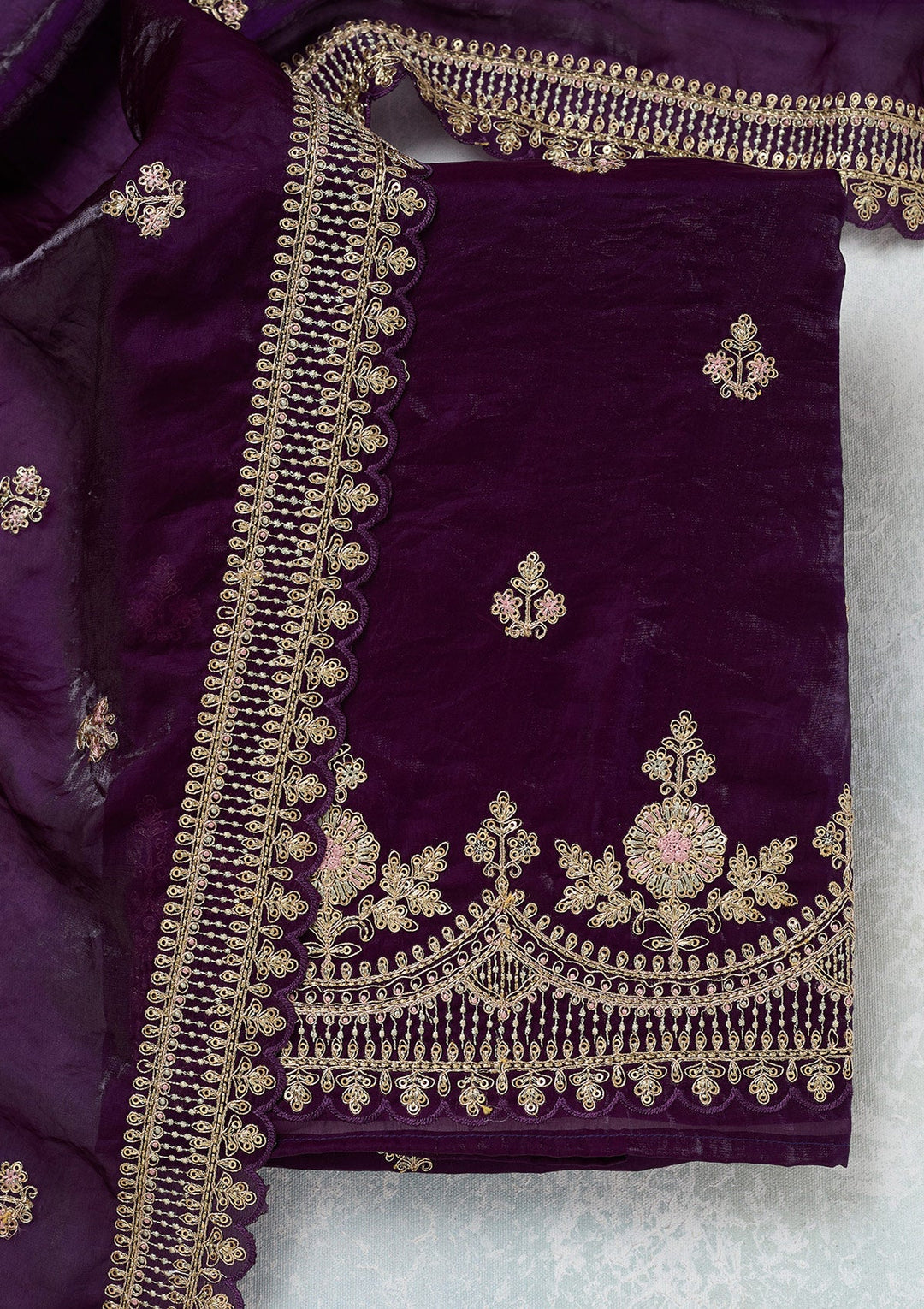 Purple Zariwork (Gold) Soft Raw Silk Unstitched Salwar Suit-Koskii
