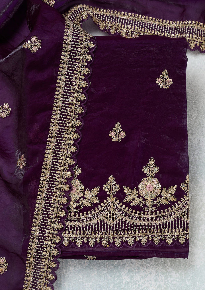 Purple Zariwork (Gold) Soft Raw Silk Unstitched Salwar Suit-Koskii