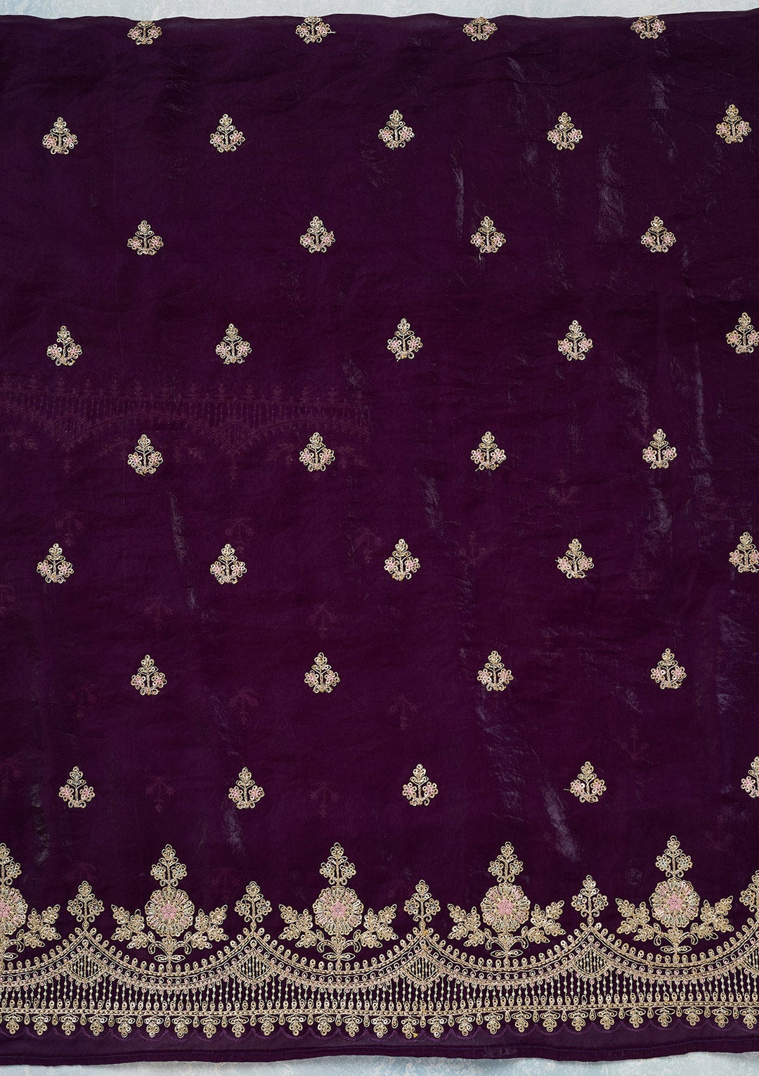 Purple Zariwork (Gold) Soft Raw Silk Unstitched Salwar Suit-Koskii