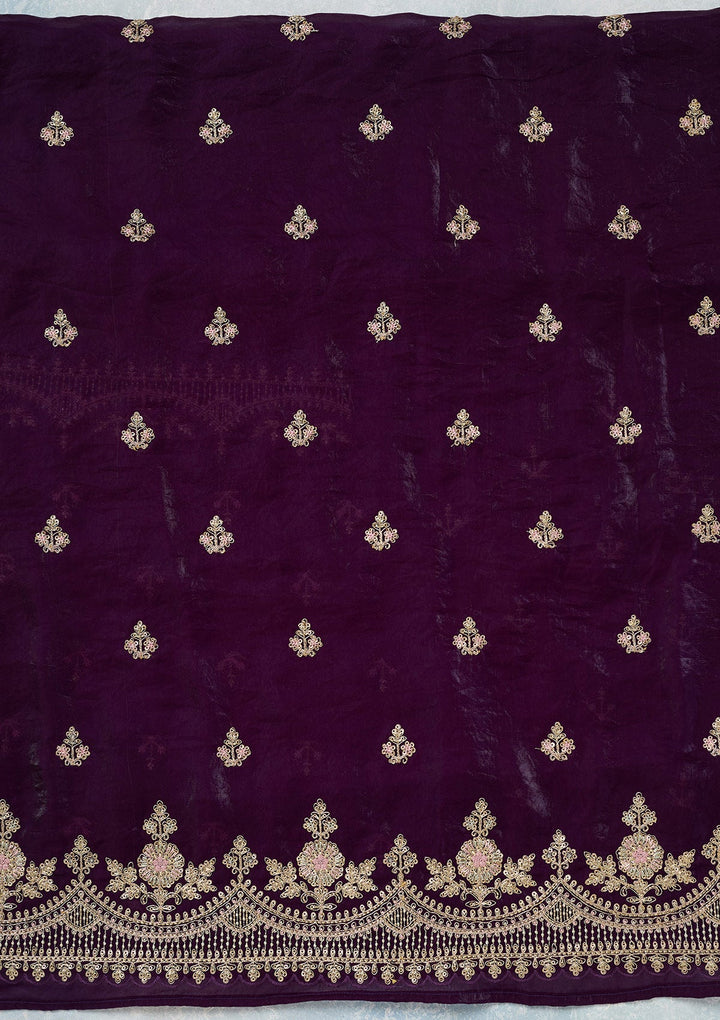 Purple Zariwork (Gold) Soft Raw Silk Unstitched Salwar Suit-Koskii