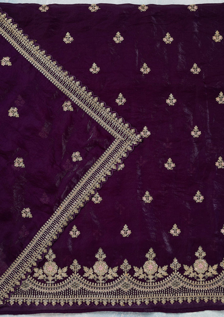 Purple Zariwork (Gold) Soft Raw Silk Unstitched Salwar Suit-Koskii