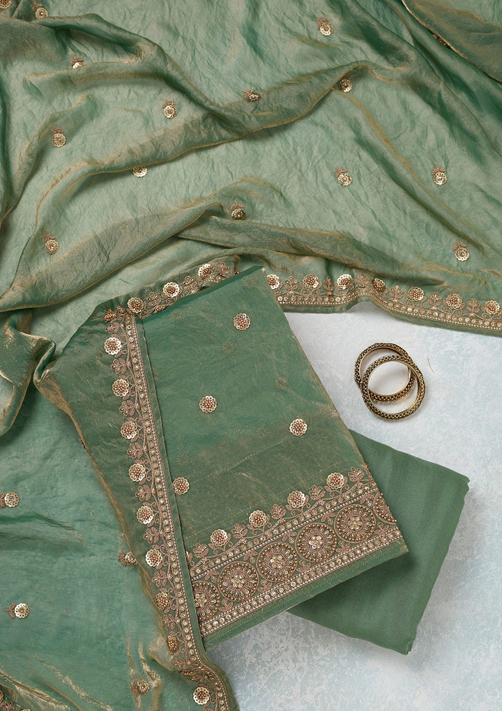 Mehandi Green Cording Organza Unstitched Salwar Suit-Koskii