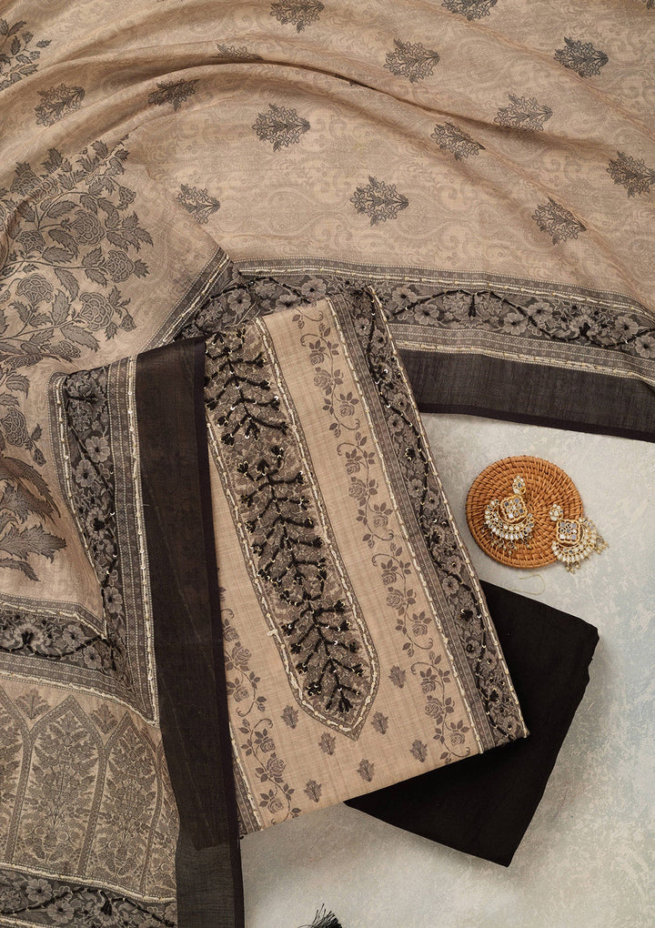 Beige Threadwork Chanderi Unstitched Salwar Suit_koskii