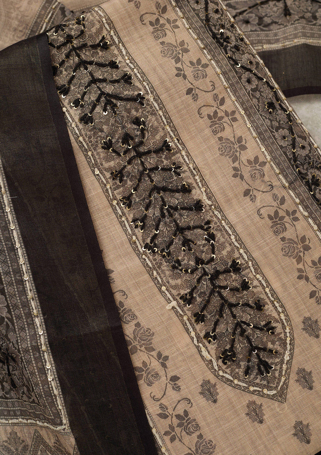 Beige Threadwork Chanderi Unstitched Salwar Suit_koskii