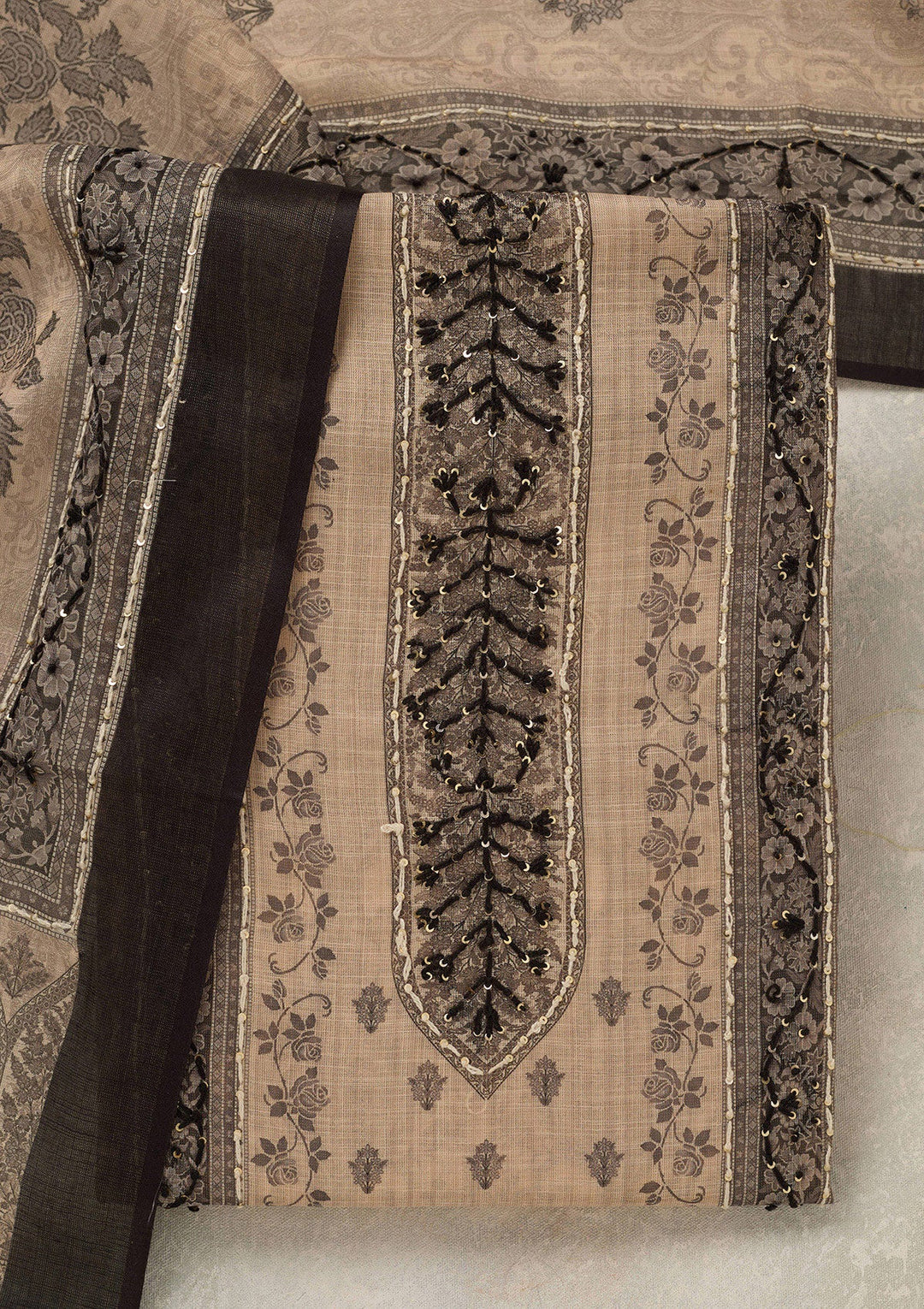 Beige Threadwork Chanderi Unstitched Salwar Suit_koskii