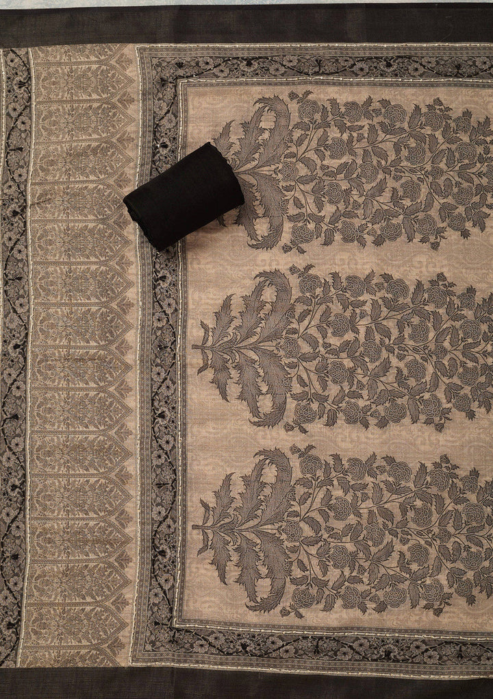 Beige Threadwork Chanderi Unstitched Salwar Suit_koskii