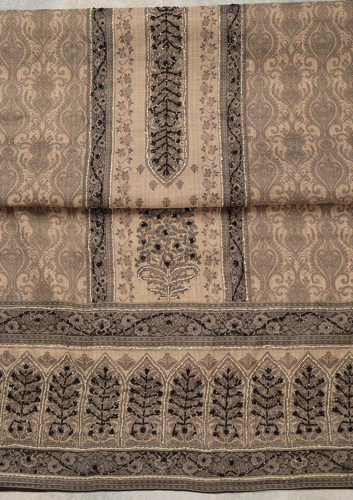 Beige Threadwork Chanderi Unstitched Salwar Suit_koskii