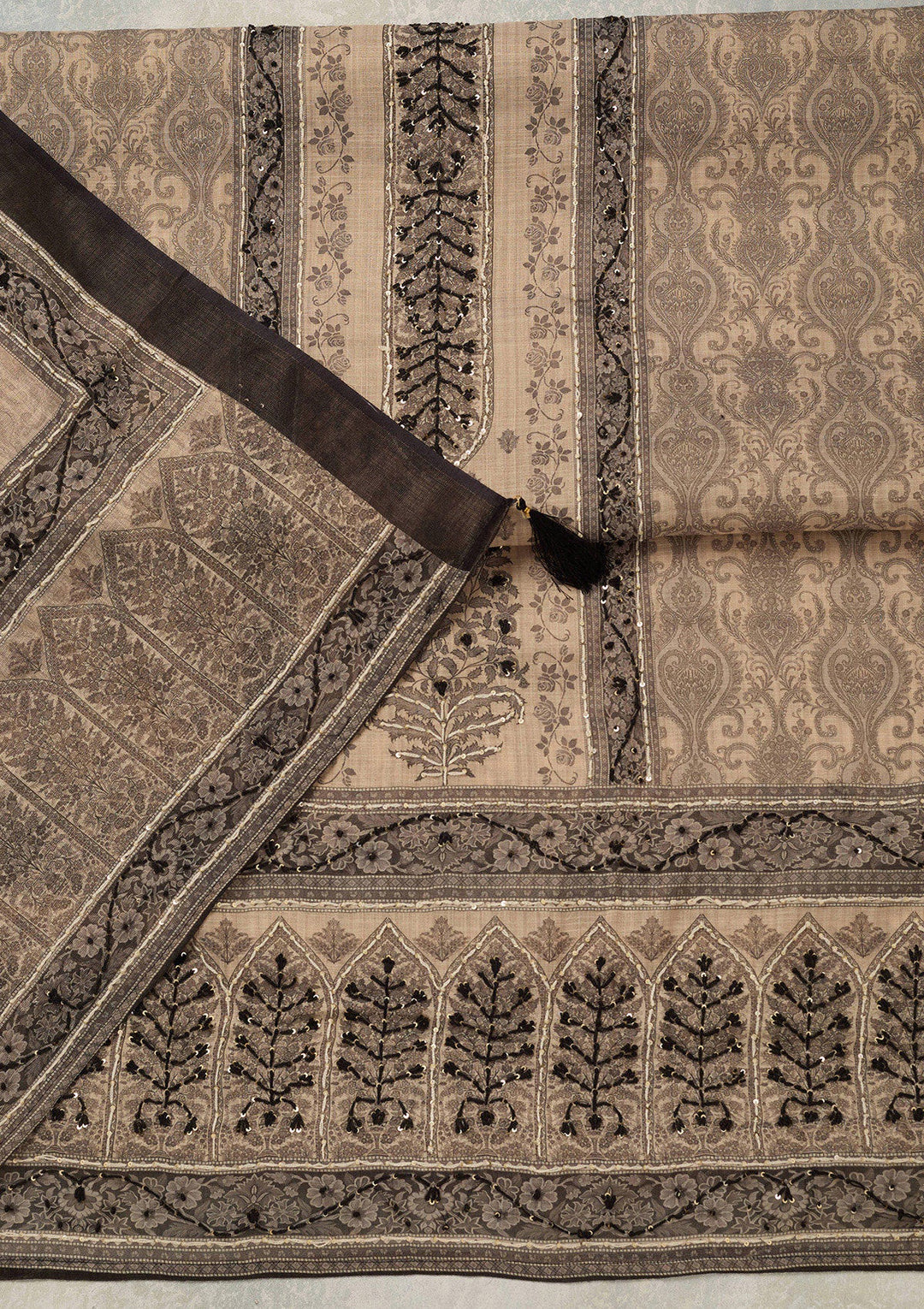 Beige Threadwork Chanderi Unstitched Salwar Suit_koskii