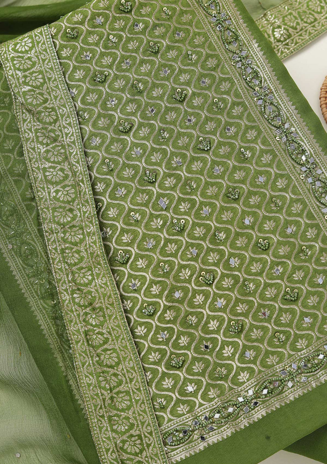 Mehendi Zariwork (Gold) Georgette Unstitched Salwar Suit-koskii