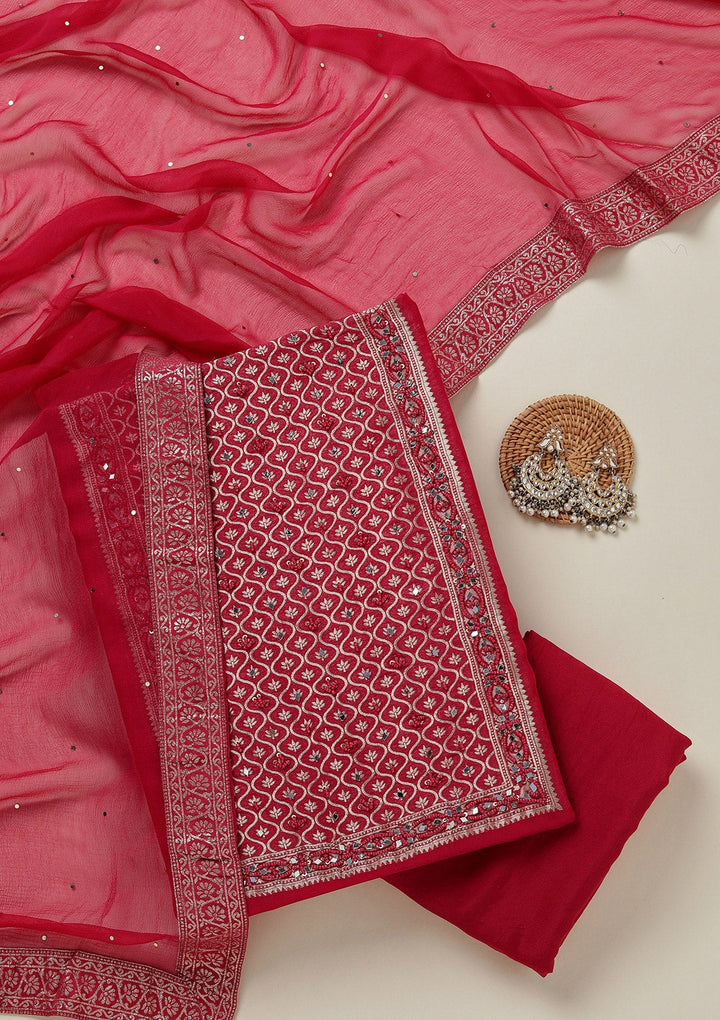 Rani Pink Zariwork (Gold) Georgette Unstitched Salwar Suit-koskii