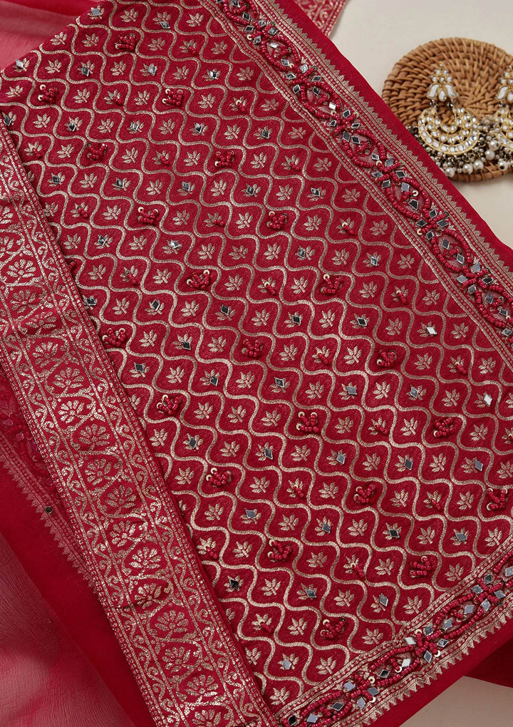 Rani Pink Zariwork (Gold) Georgette Unstitched Salwar Suit-koskii