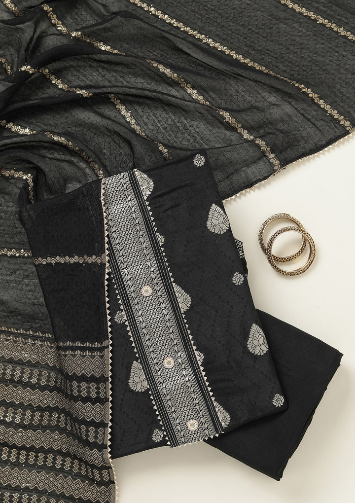 Black Zariwork (Gold) Dola Silk Unstitched Salwar Suit-koskii