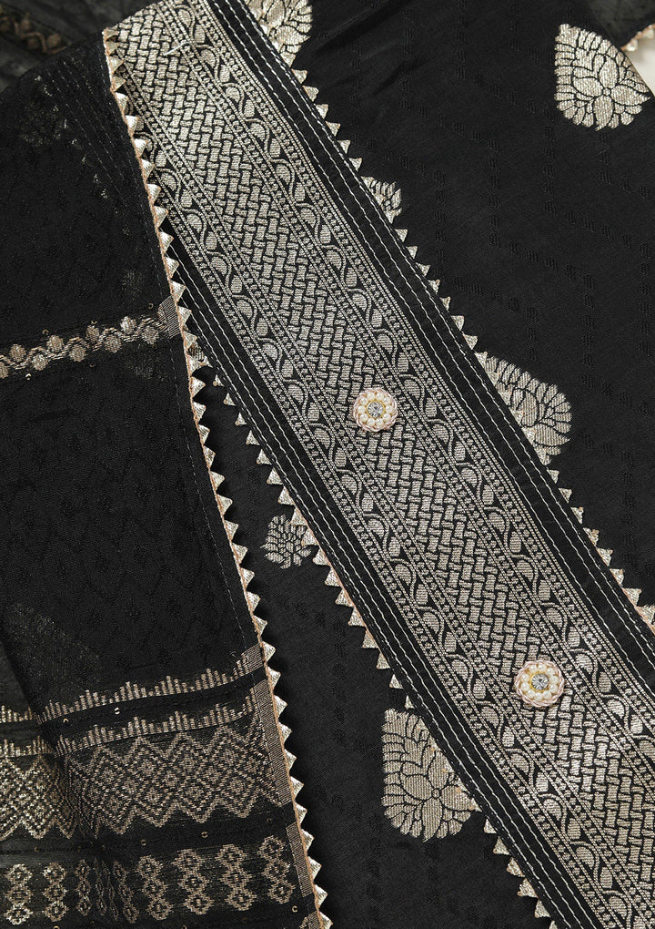 Black Zariwork (Gold) Dola Silk Unstitched Salwar Suit-koskii