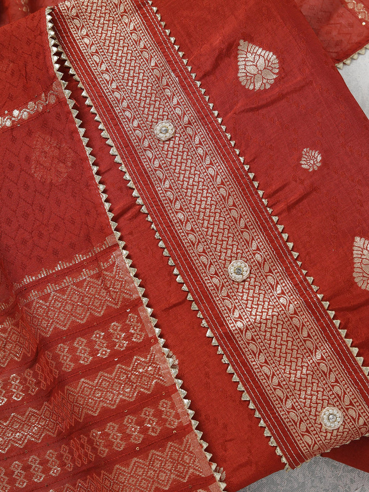 Rust Zariwork (Gold) Dola Silk Unstitched Salwar Suit-koskii