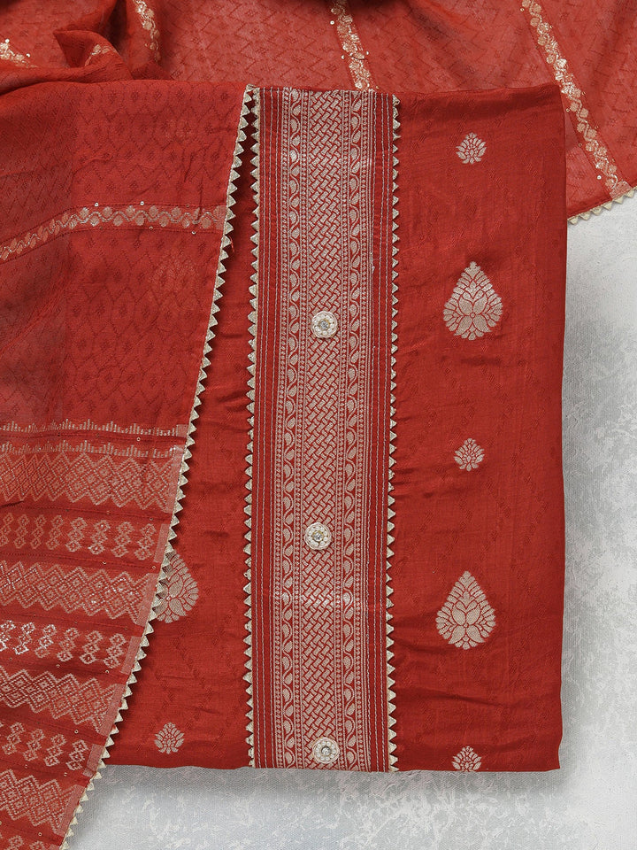 Rust Zariwork (Gold) Dola Silk Unstitched Salwar Suit-koskii