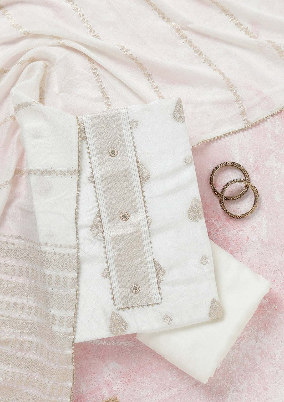 White Zariwork (Gold) Dola Silk Unstitched Salwar Suit-koskii