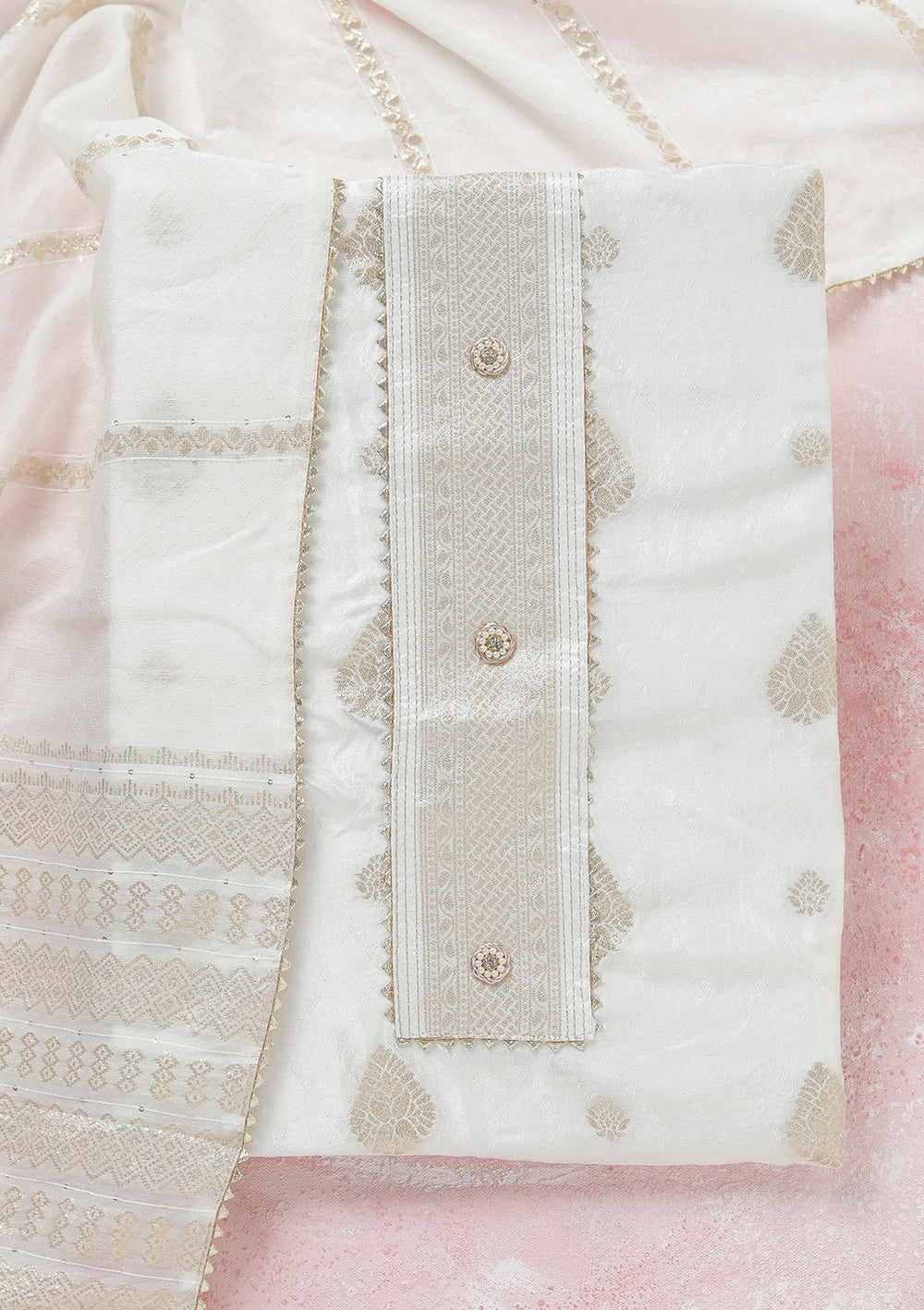 White Zariwork (Gold) Dola Silk Unstitched Salwar Suit-koskii