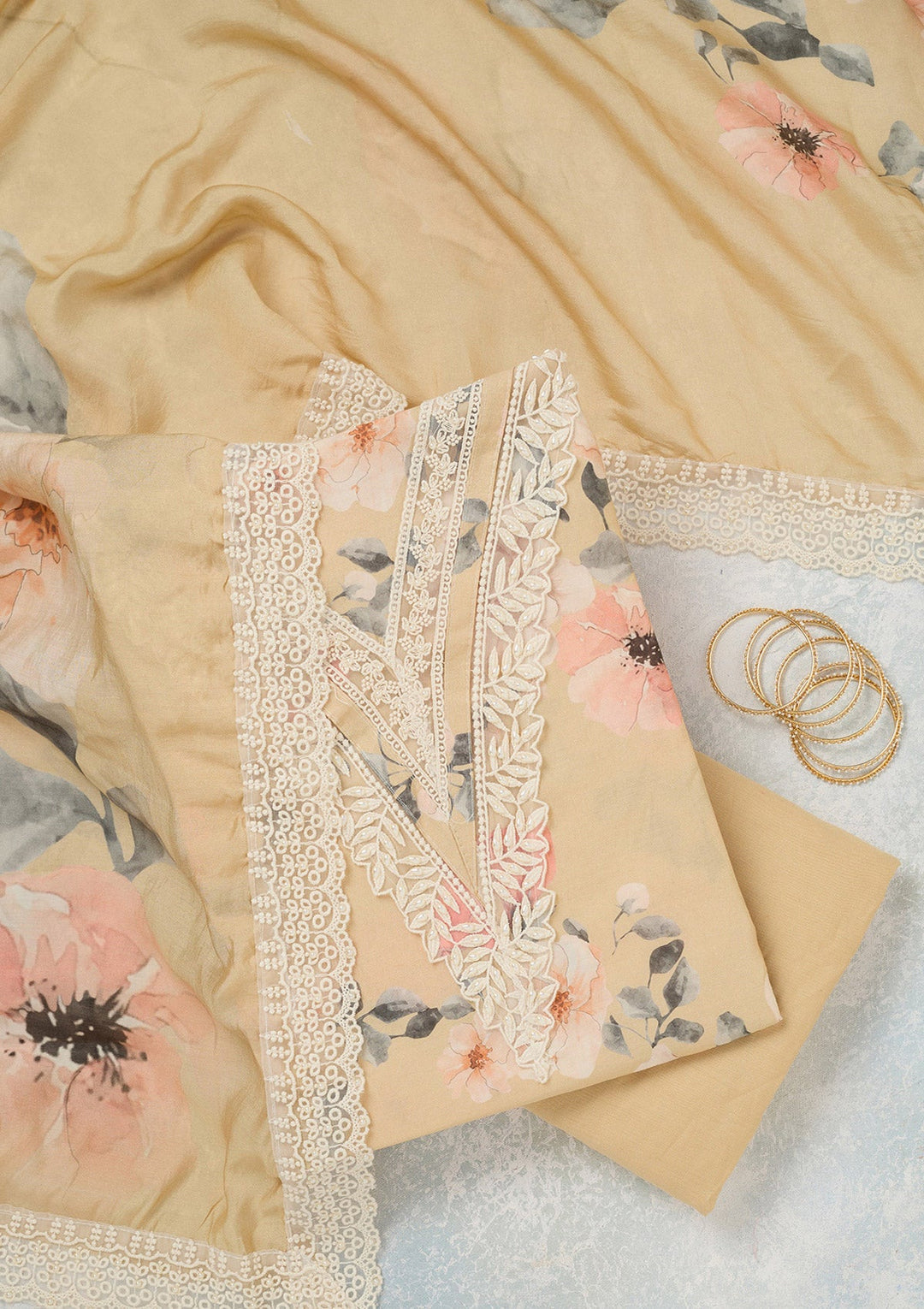 Cream Threadwork Crepe Unstitched Salwar Suit_koskii