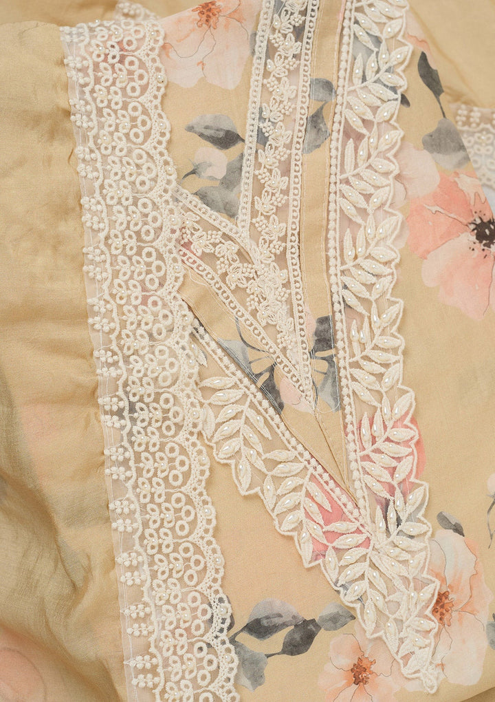 Cream Threadwork Crepe Unstitched Salwar Suit_koskii