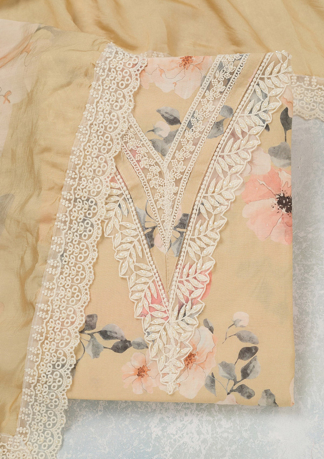 Cream Threadwork Crepe Unstitched Salwar Suit_koskii