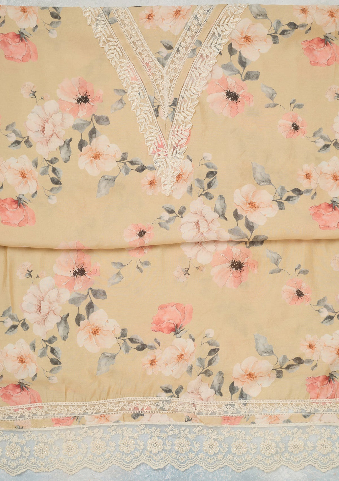 Cream Threadwork Crepe Unstitched Salwar Suit_koskii