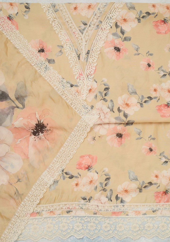 Cream Threadwork Crepe Unstitched Salwar Suit_koskii