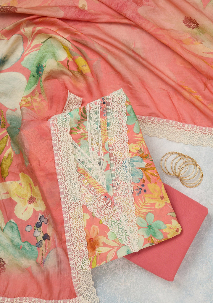 Peach Threadwork Semi Crepe Unstitched Salwar Suit_koskii