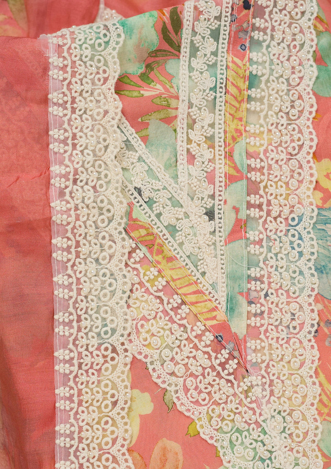 Peach Threadwork Semi Crepe Unstitched Salwar Suit_koskii