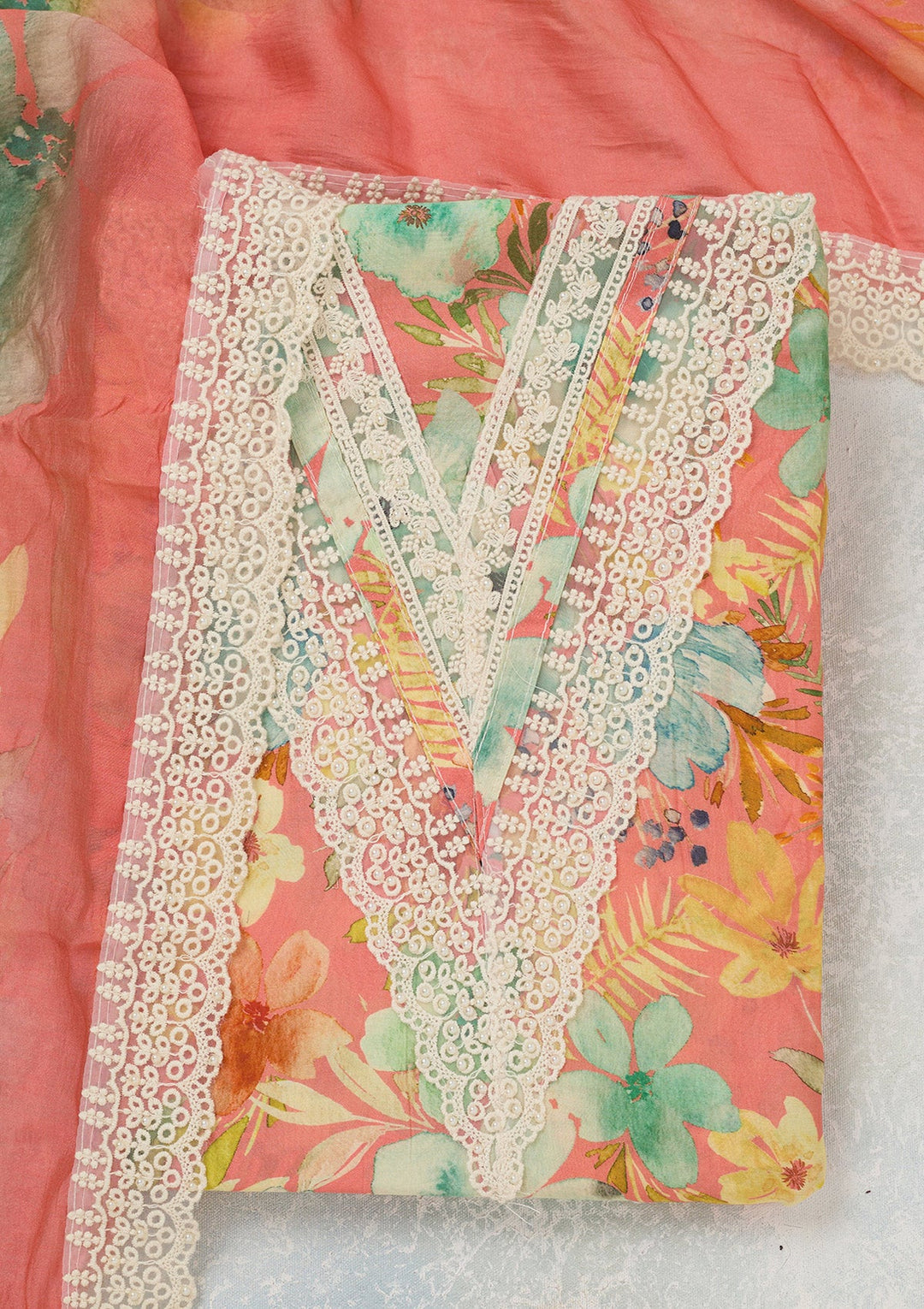 Peach Threadwork Semi Crepe Unstitched Salwar Suit_koskii