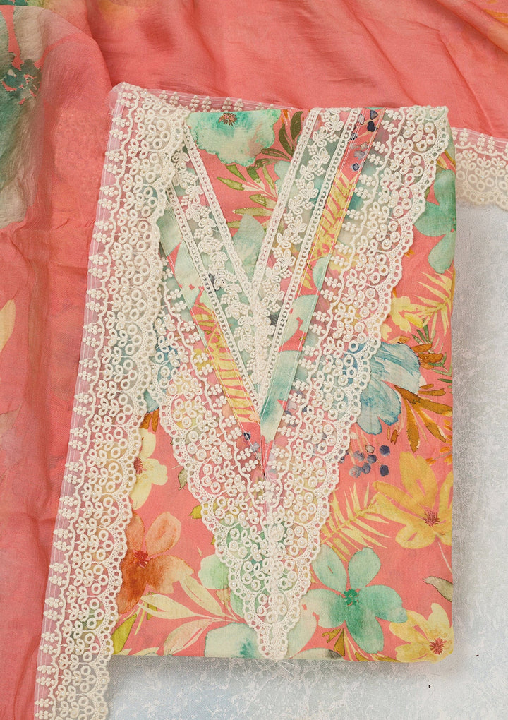 Peach Threadwork Semi Crepe Unstitched Salwar Suit_koskii