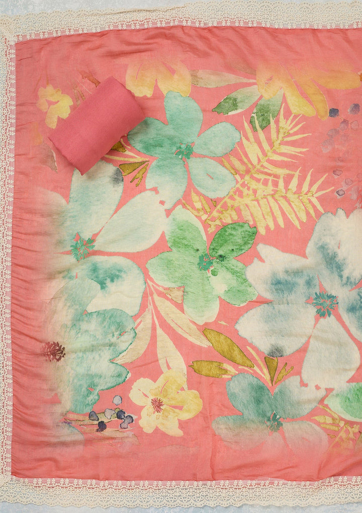 Peach Threadwork Semi Crepe Unstitched Salwar Suit_koskii