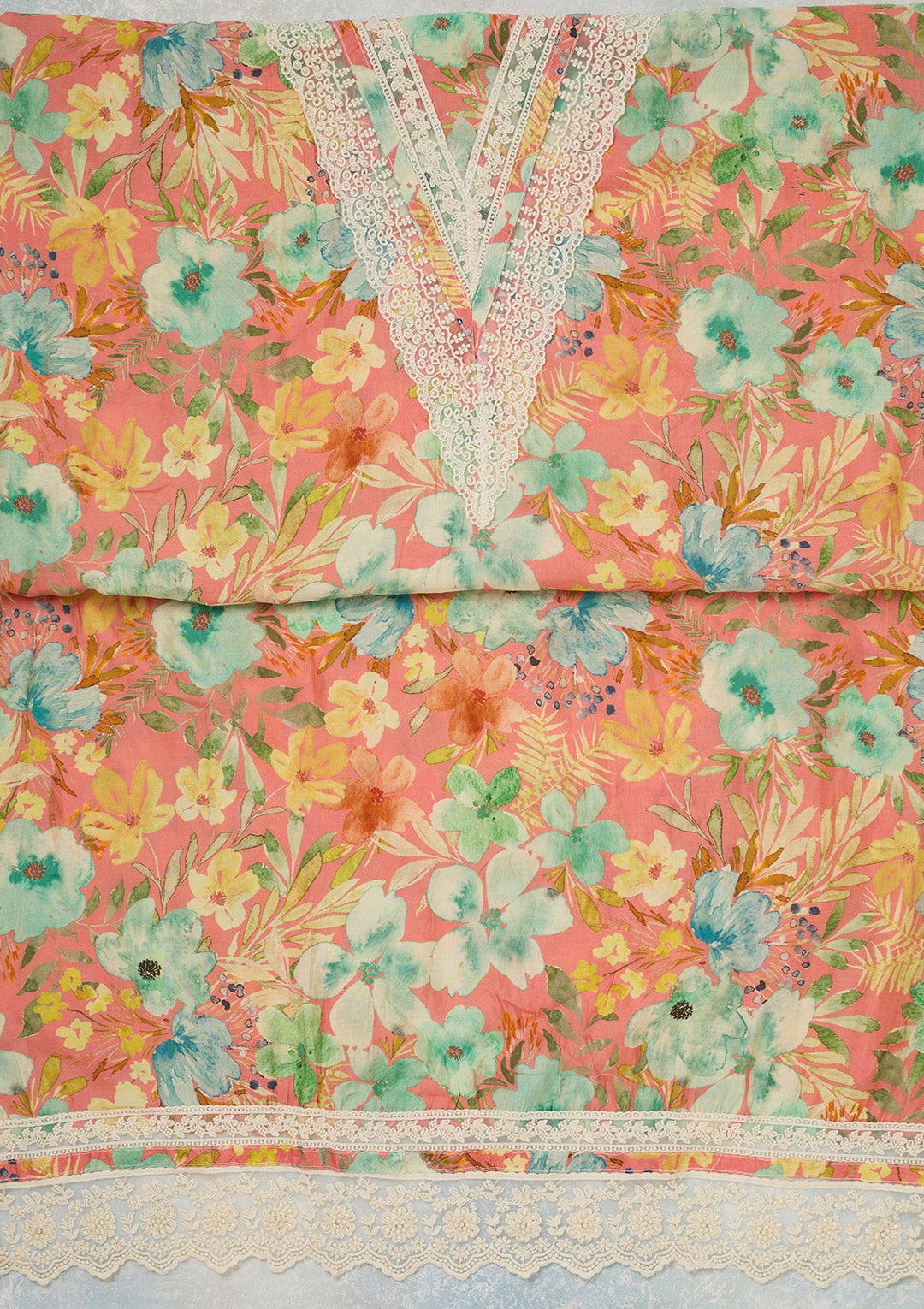 Peach Threadwork Semi Crepe Unstitched Salwar Suit_koskii