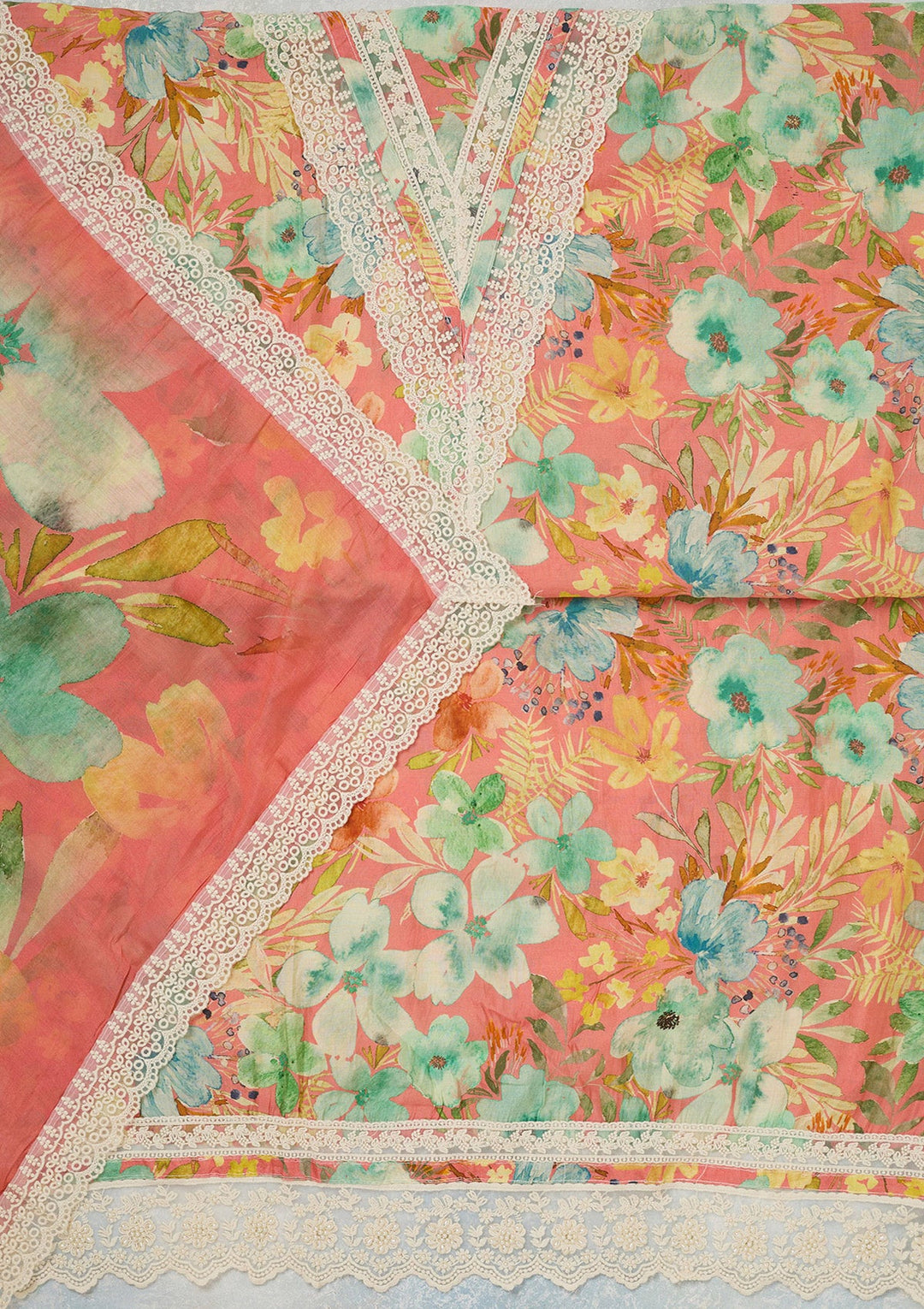 Peach Threadwork Semi Crepe Unstitched Salwar Suit_koskii