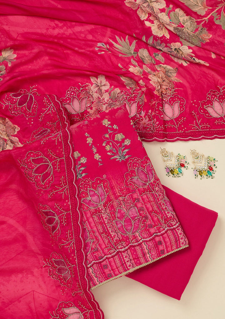 Rani Pink Stonework (Gold) Crepe Unstitched Salwar Suit_koskii