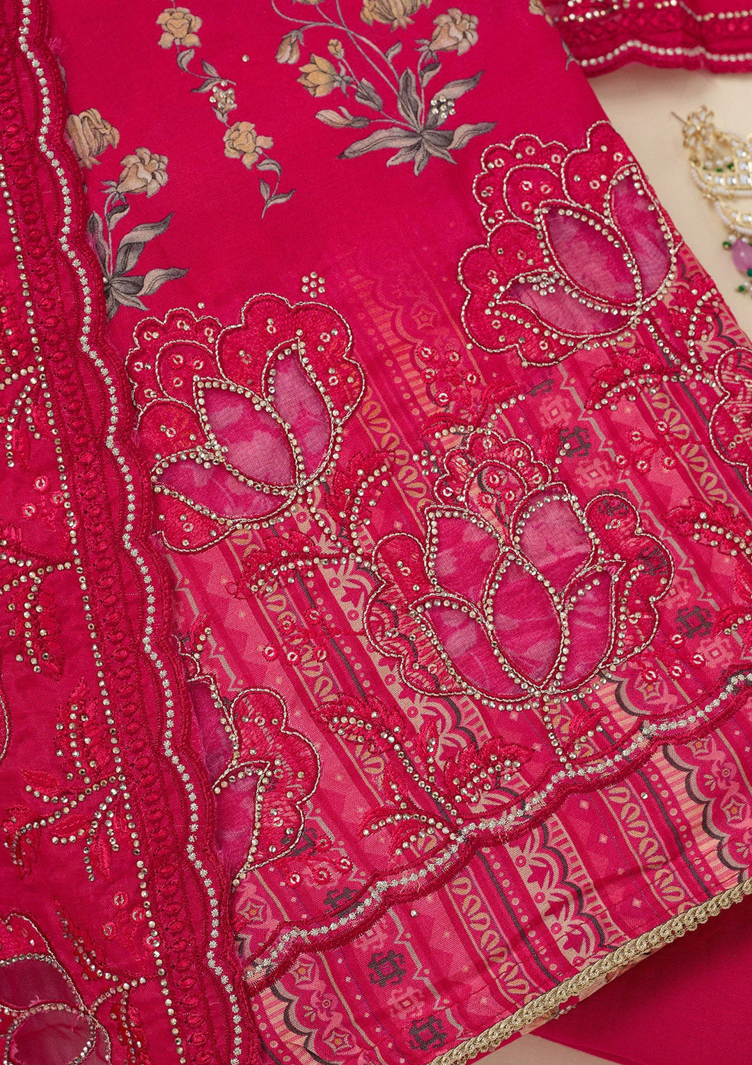 Rani Pink Stonework (Gold) Crepe Unstitched Salwar Suit_koskii