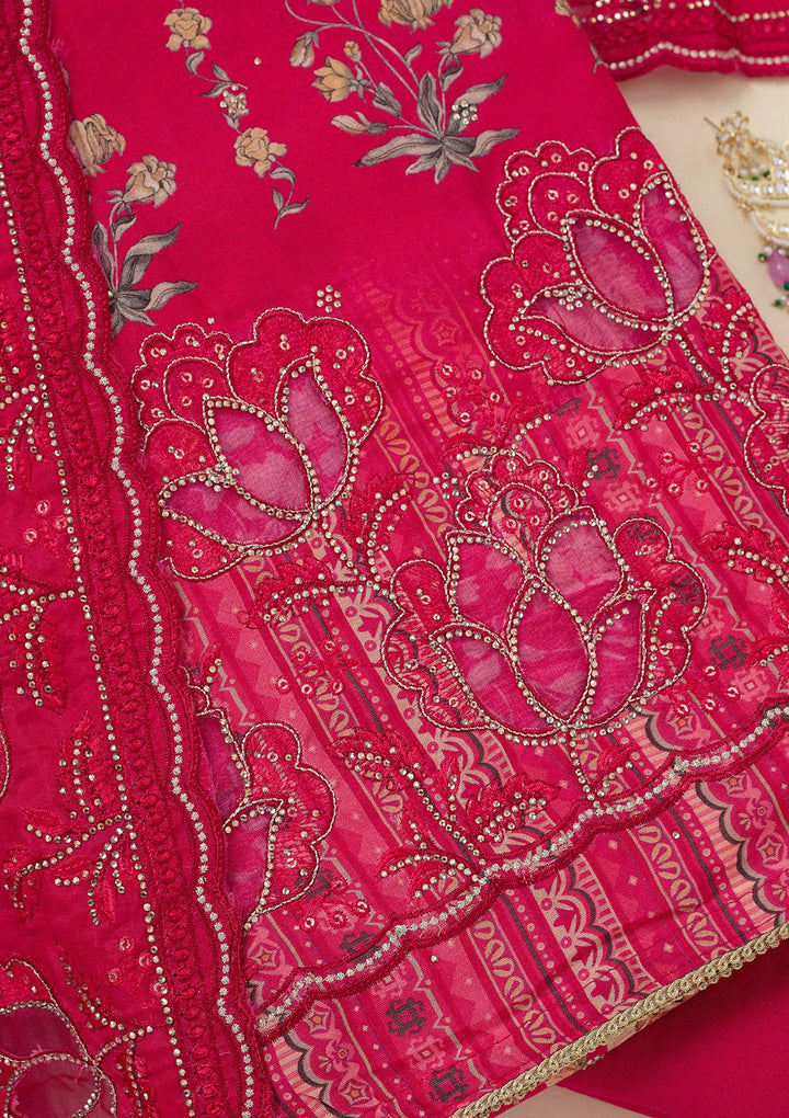 Rani Pink Stonework (Gold) Crepe Unstitched Salwar Suit_koskii