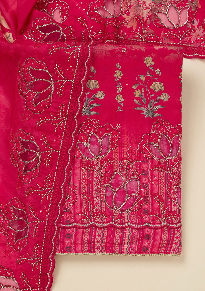 Rani Pink Stonework (Gold) Crepe Unstitched Salwar Suit_koskii