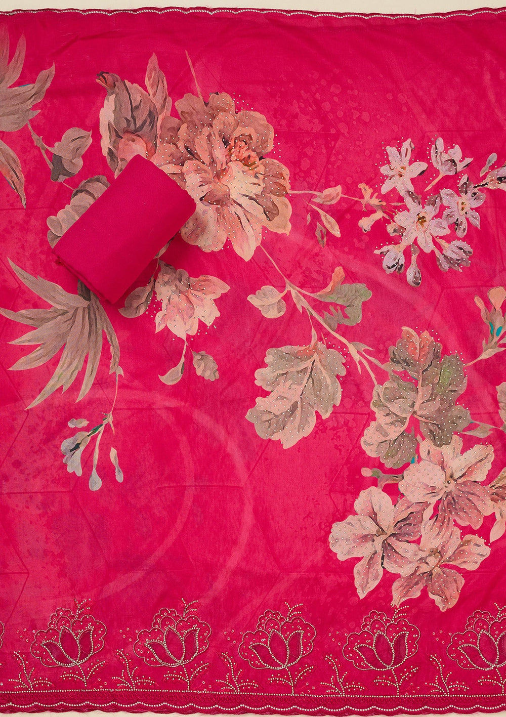 Rani Pink Stonework (Gold) Crepe Unstitched Salwar Suit_koskii