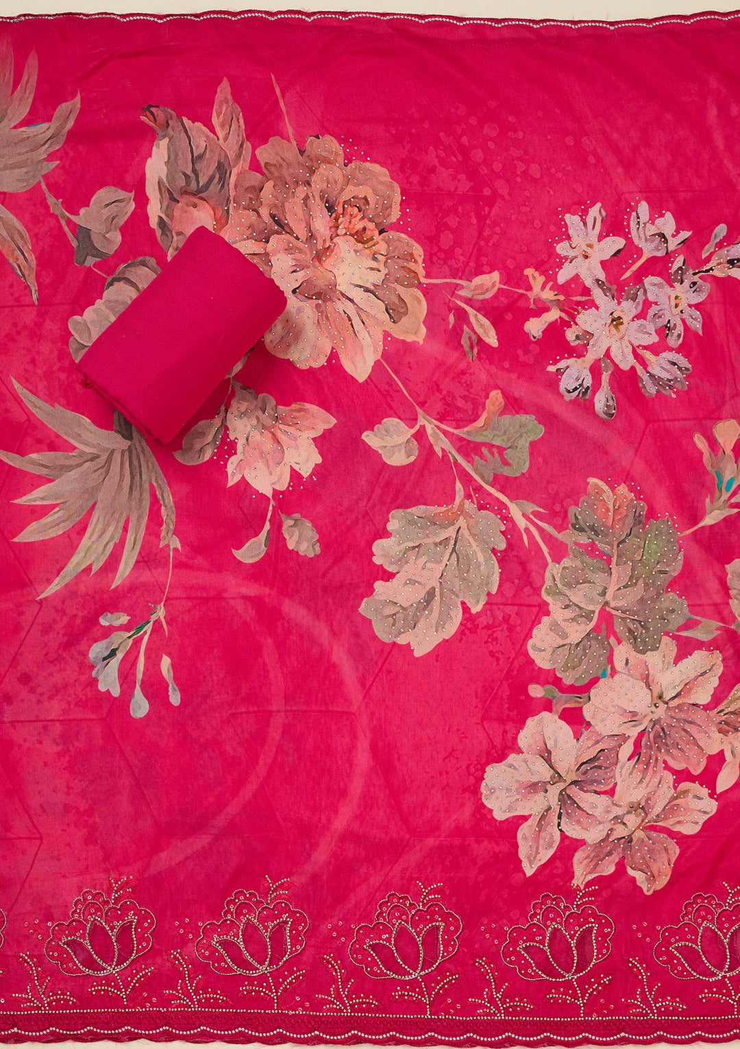 Rani Pink Stonework (Gold) Crepe Unstitched Salwar Suit_koskii