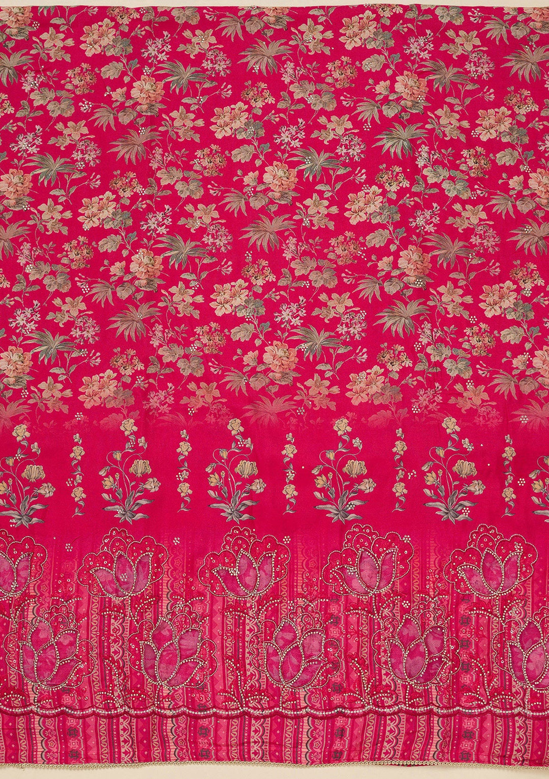 Rani Pink Stonework (Gold) Crepe Unstitched Salwar Suit_koskii