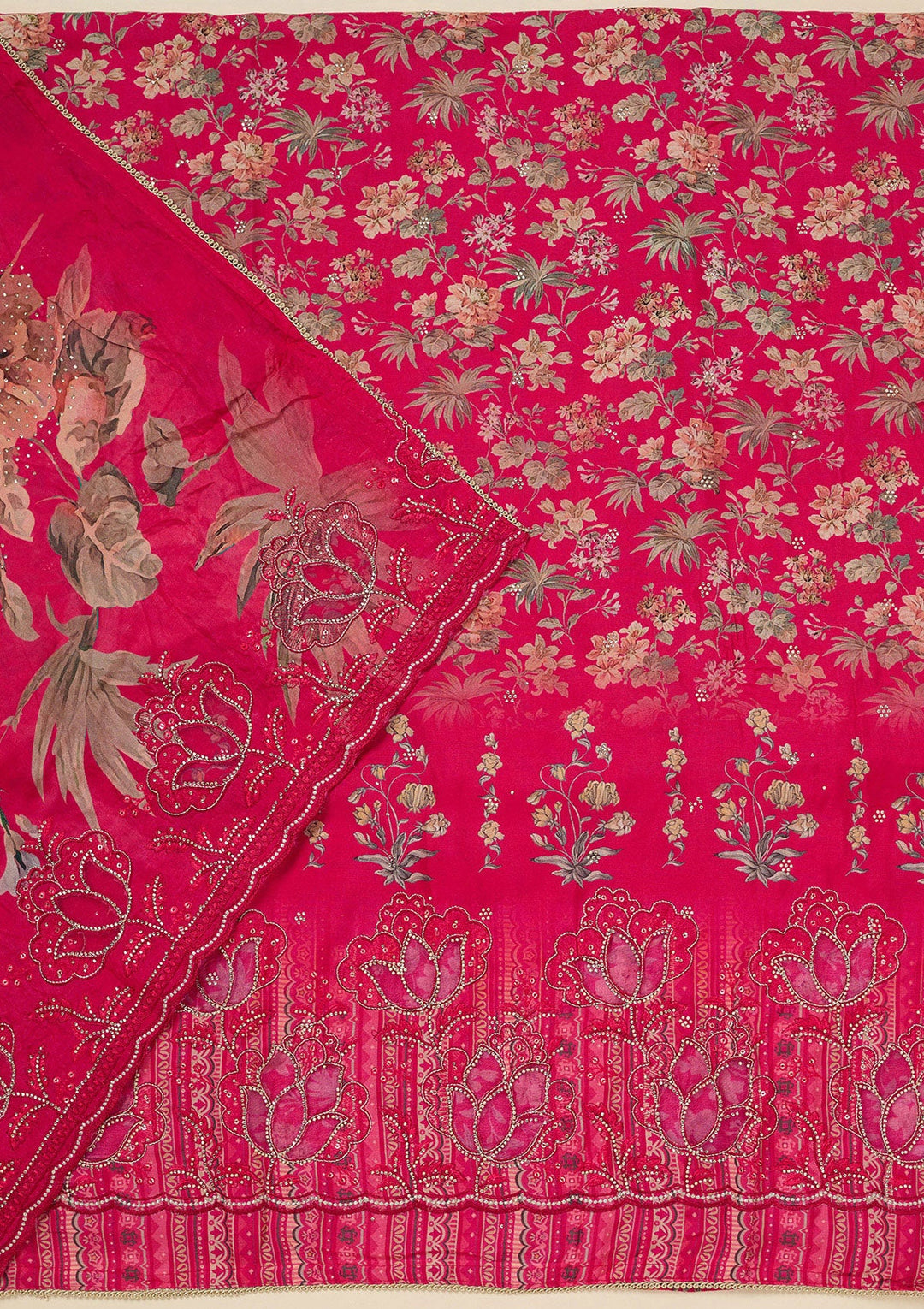 Rani Pink Stonework (Gold) Crepe Unstitched Salwar Suit_koskii