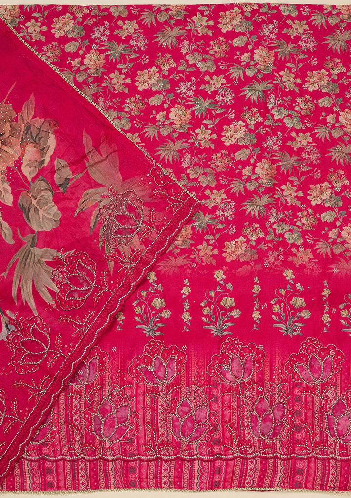 Rani Pink Stonework (Gold) Crepe Unstitched Salwar Suit_koskii